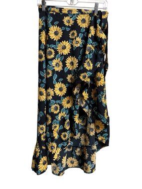 H&M Sunflower Wrap Skirt Side Ruffle Slit Black Size 4